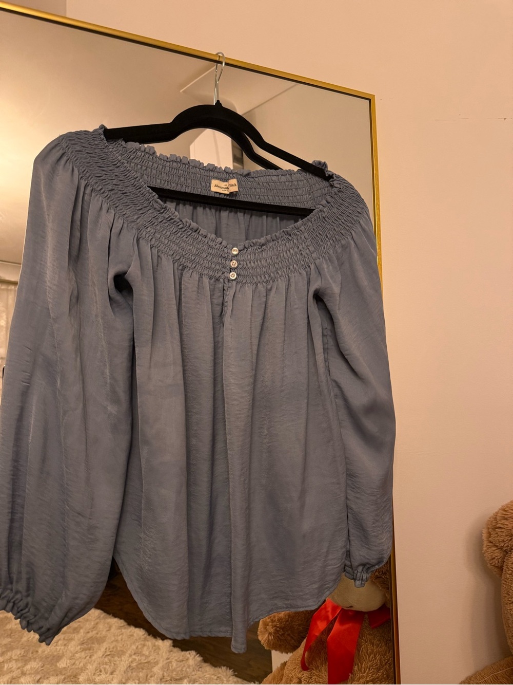 Abercrombie & Fitch Dusty Blue Smocked Off-Shoulder Top